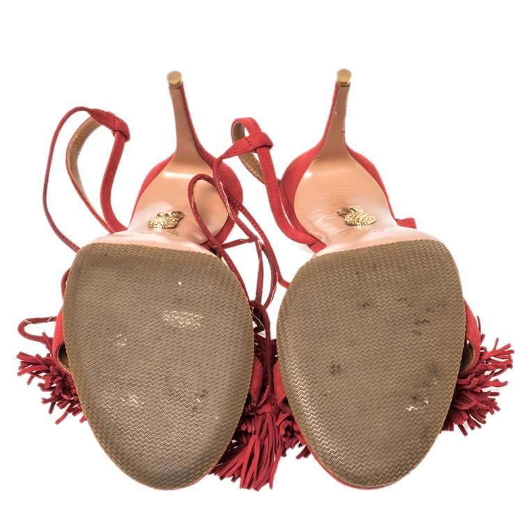 Pre Owned Aquazzura Red Suede Wild Thing Fringe Ankle Wrap Sandals Size 39