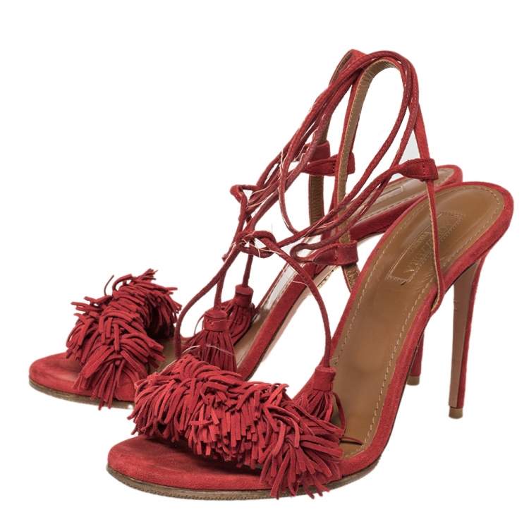 Pre Owned Aquazzura Red Suede Wild Thing Fringe Ankle Wrap Sandals Size 39