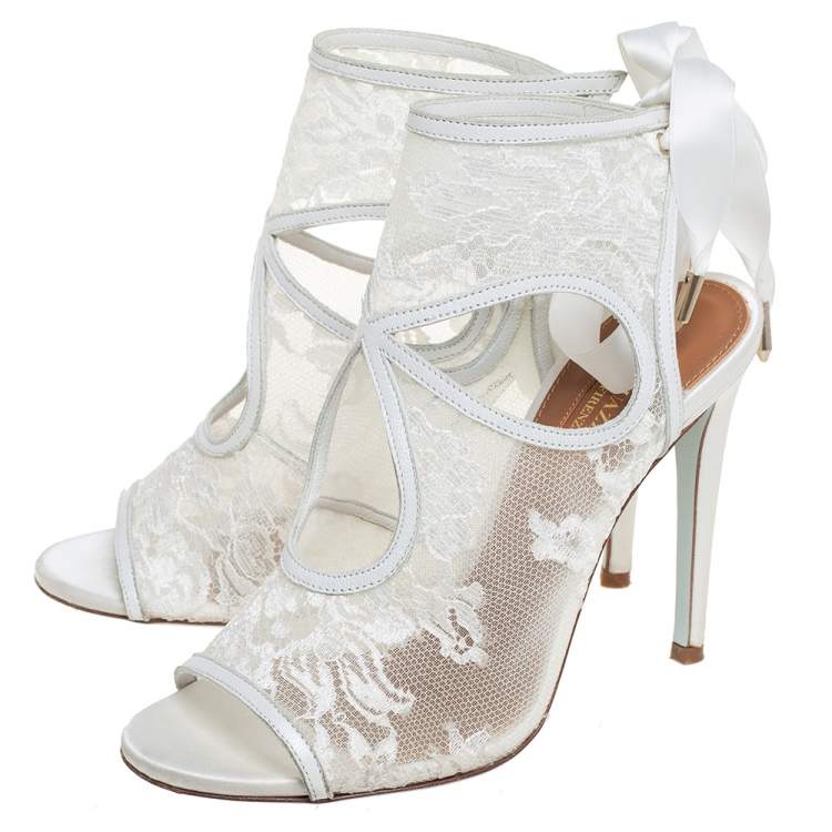 مملوكة مسبقًا Aquazzura White Lace and Leather Sexy Thing Bridal Cut Out  Ankle Wrap Sandals Size 35