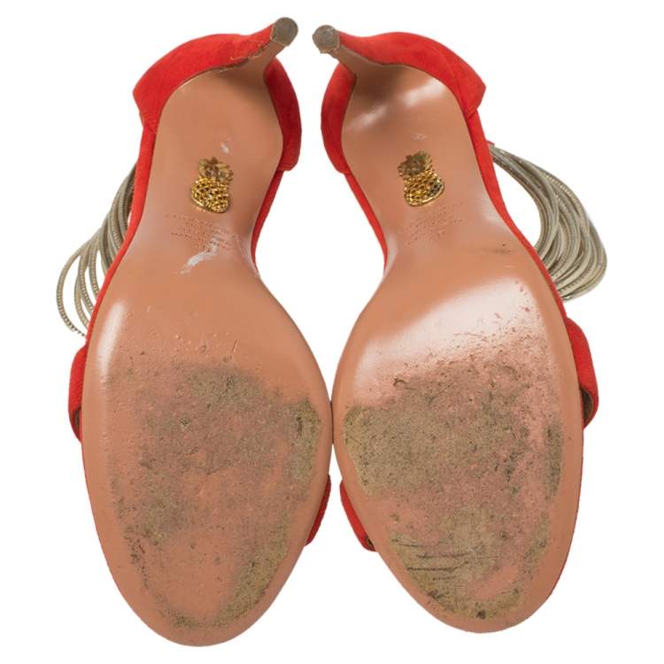 Pre Owned Aquazzura Orange Suede Spin Me Around Ankle Cuff Sandals Size 40