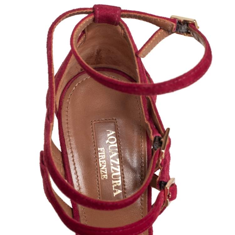 Pre Owned Aquazzura Burgundy Suede Strappy Ankle Strap Sandals Size 37.5