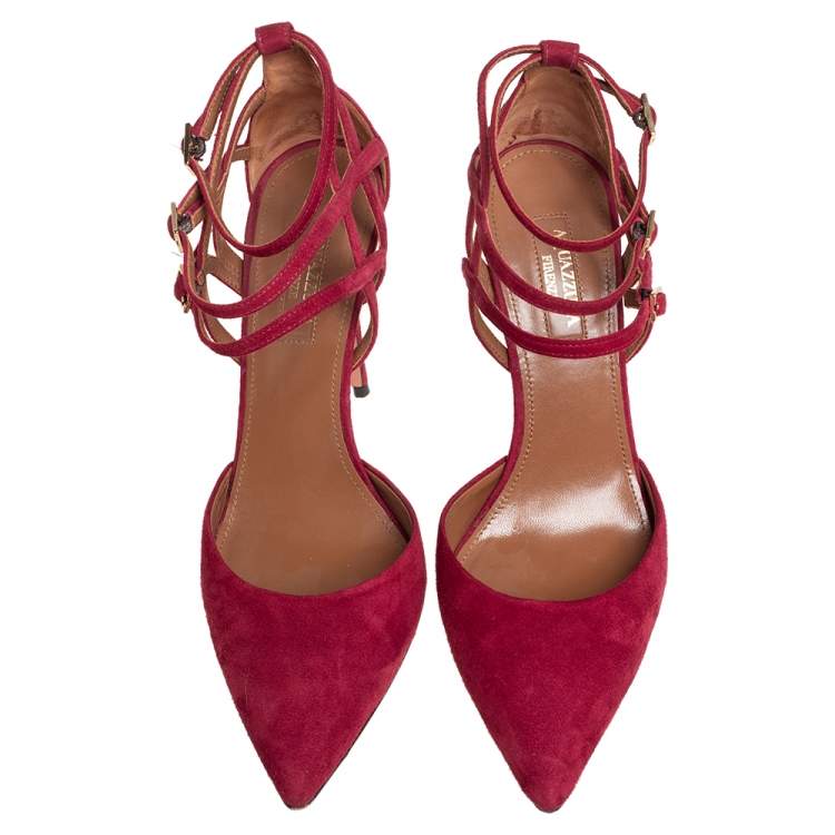 Pre Owned Aquazzura Burgundy Suede Strappy Ankle Strap Sandals Size 37.5