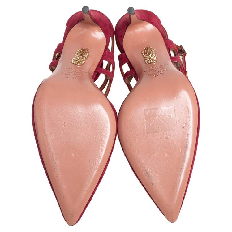 Pre Owned Aquazzura Burgundy Suede Strappy Ankle Strap Sandals Size 37.5