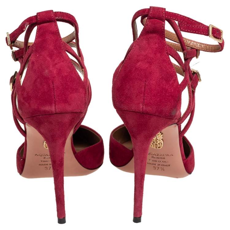 Pre Owned Aquazzura Burgundy Suede Strappy Ankle Strap Sandals Size 37.5