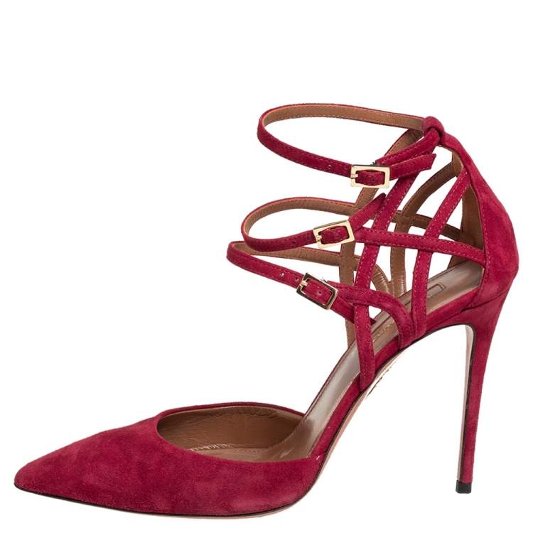 Pre Owned Aquazzura Burgundy Suede Strappy Ankle Strap Sandals Size 37.5
