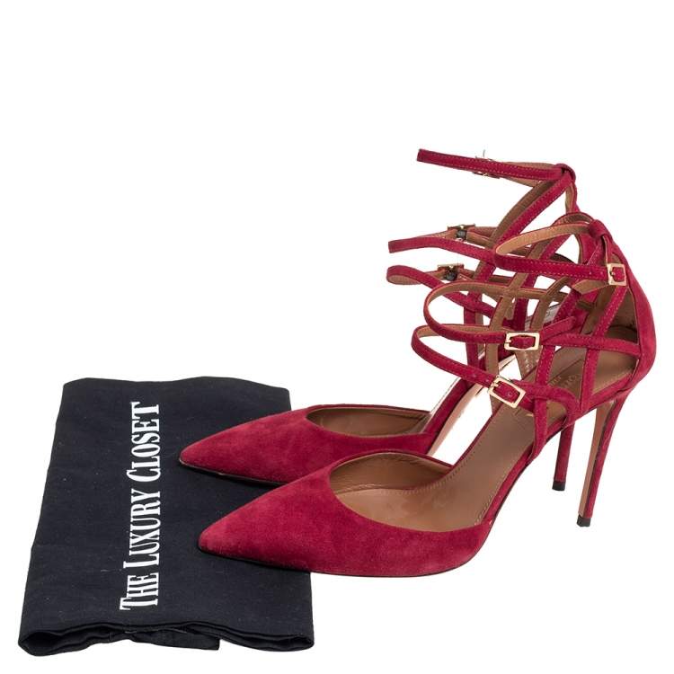 Pre Owned Aquazzura Burgundy Suede Strappy Ankle Strap Sandals Size 37.5