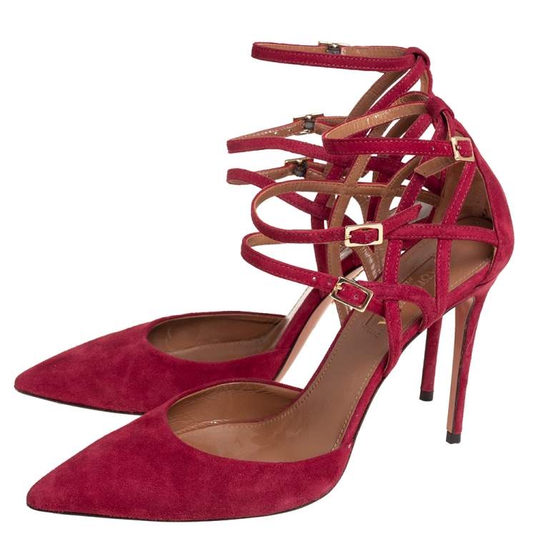 Pre Owned Aquazzura Burgundy Suede Strappy Ankle Strap Sandals Size 37.5