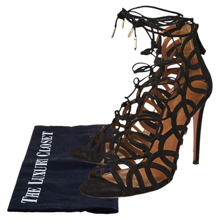 Pre Owned Aquazzura Black Suede Ooh Lala Cage Sandals Size 37.5