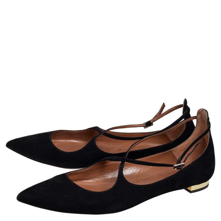 Pre Owned Aquazzura Black Suede Ballet Flats Size 39.5