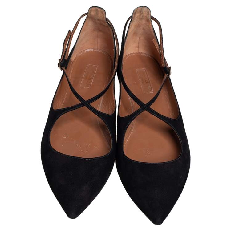 Pre Owned Aquazzura Black Suede Ballet Flats Size 39.5