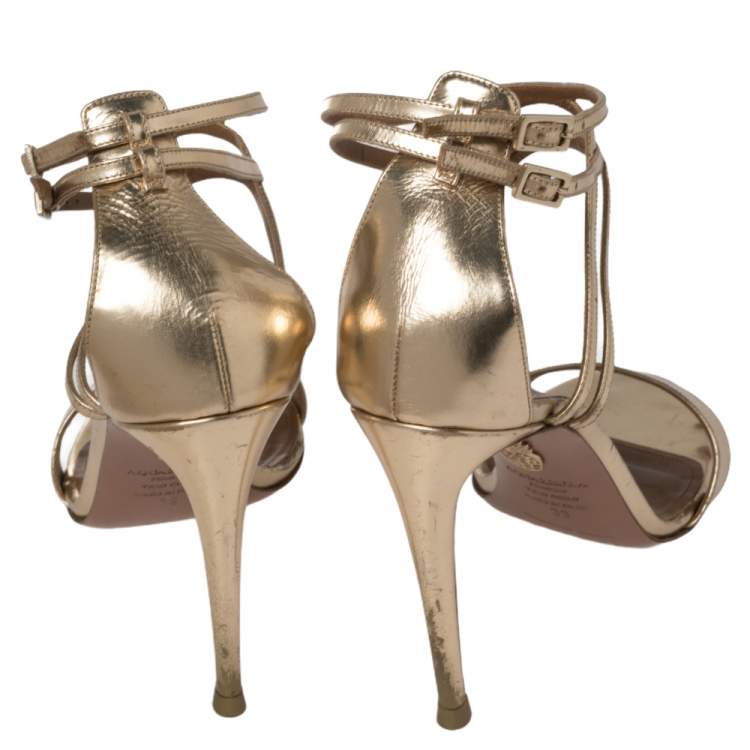 Pre Owned Aquazzura Gold Leather Lucille Open Toe Ankle Strap Sandals Size 39