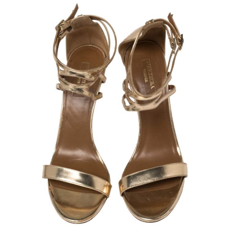 Pre Owned Aquazzura Gold Leather Lucille Open Toe Ankle Strap Sandals Size 39