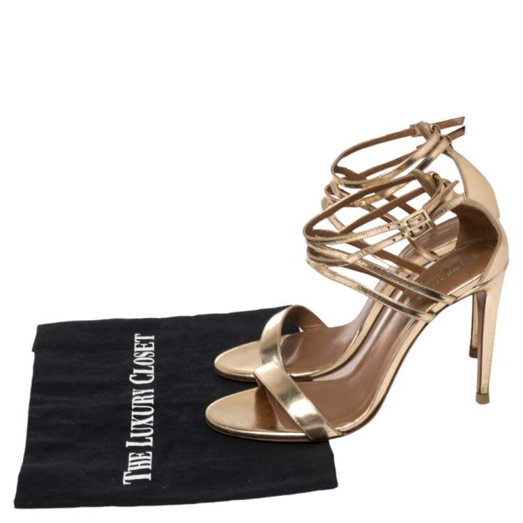 Pre Owned Aquazzura Gold Leather Lucille Open Toe Ankle Strap Sandals Size 39