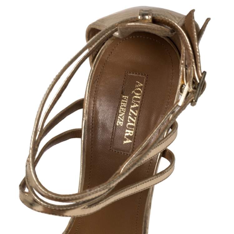 Pre Owned Aquazzura Gold Leather Lucille Open Toe Ankle Strap Sandals Size 39