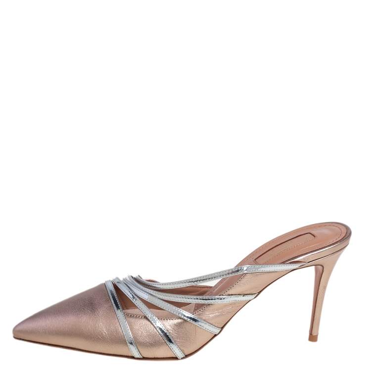 Pre Owned Aquazzura Silver/Gold Leather Minou Mule Sandals Size 38