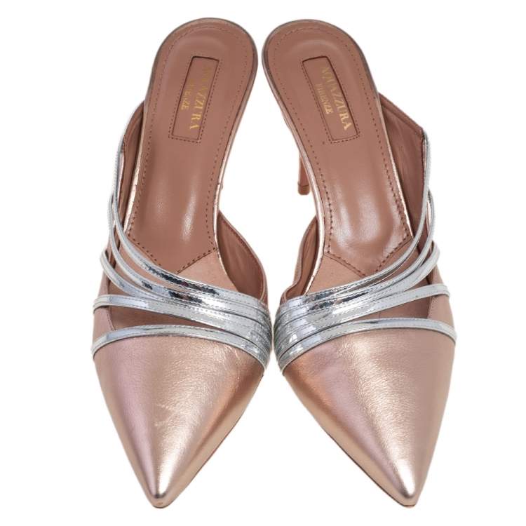 Pre Owned Aquazzura Silver/Gold Leather Minou Mule Sandals Size 38