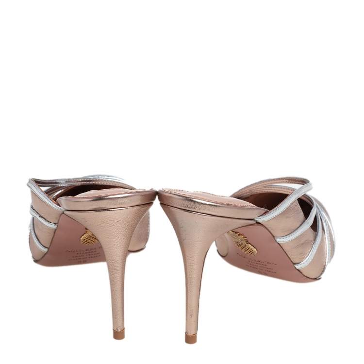 Pre Owned Aquazzura Silver/Gold Leather Minou Mule Sandals Size 38