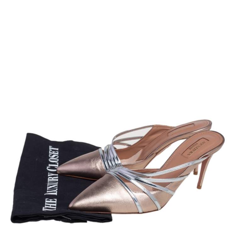 Pre Owned Aquazzura Silver/Gold Leather Minou Mule Sandals Size 38