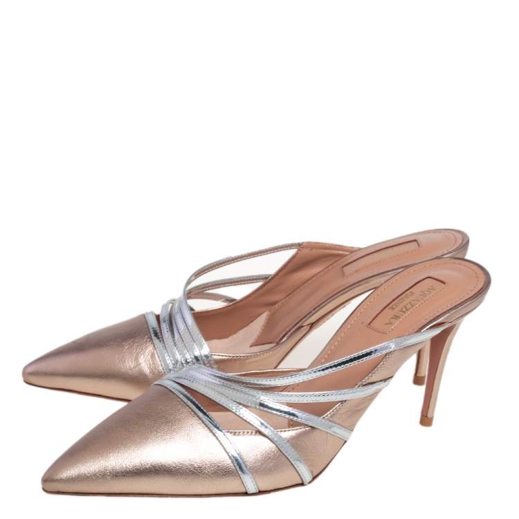 Pre Owned Aquazzura Silver/Gold Leather Minou Mule Sandals Size 38
