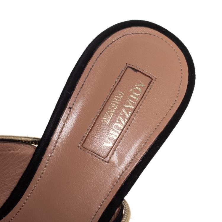 Pre Owned Aquazzura Gold/Black Suede and Leather Rendez Vous Mules Size 38