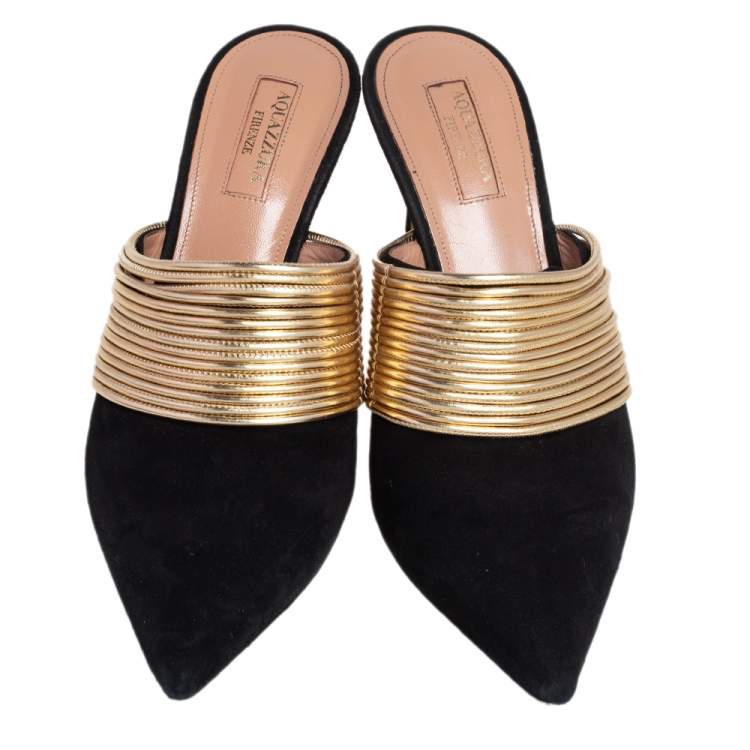 Pre Owned Aquazzura Gold/Black Suede and Leather Rendez Vous Mules Size 38