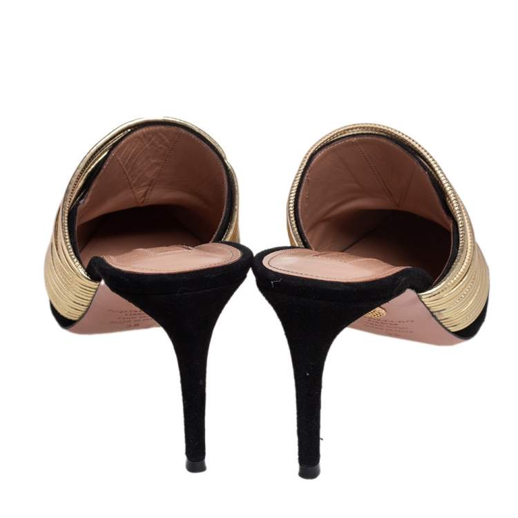 Pre Owned Aquazzura Gold/Black Suede and Leather Rendez Vous Mules Size 38