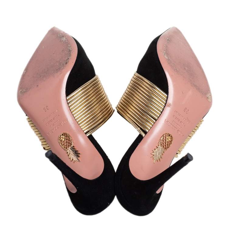 Pre Owned Aquazzura Gold/Black Suede and Leather Rendez Vous Mules Size 38