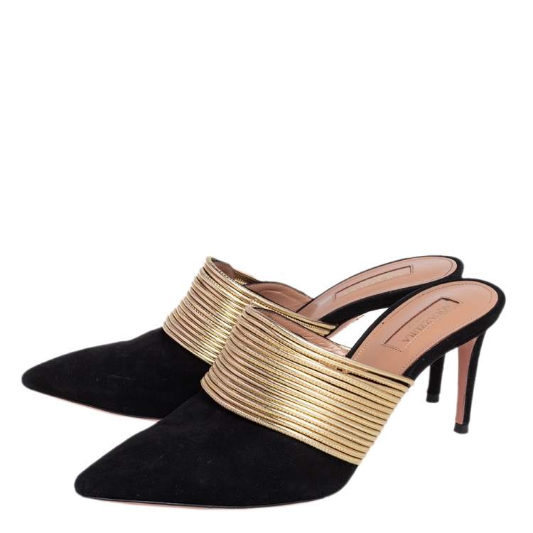 Pre Owned Aquazzura Gold/Black Suede and Leather Rendez Vous Mules Size 38