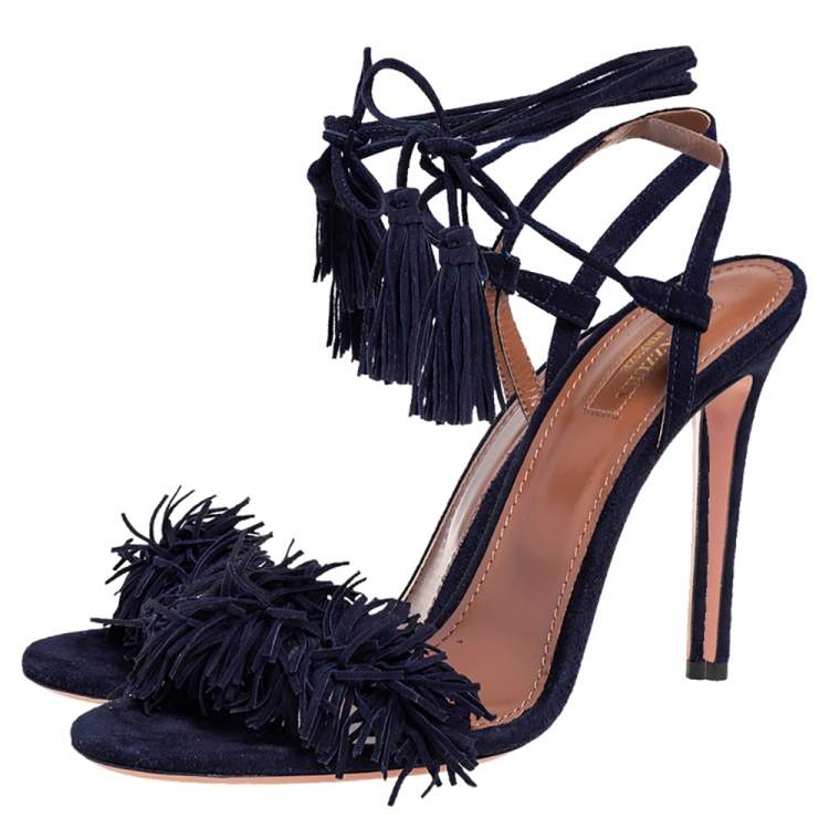 Pre Owned Aquazzura Navy Blue Suede Wild Thing Ankle Wrap Sandals Size 40