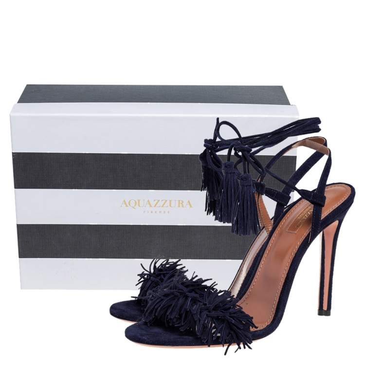 Pre Owned Aquazzura Navy Blue Suede Wild Thing Ankle Wrap Sandals Size 40