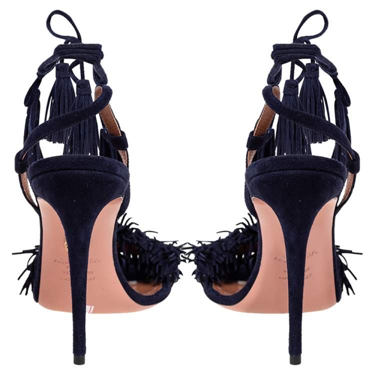 Pre Owned Aquazzura Navy Blue Suede Wild Thing Ankle Wrap Sandals Size 40