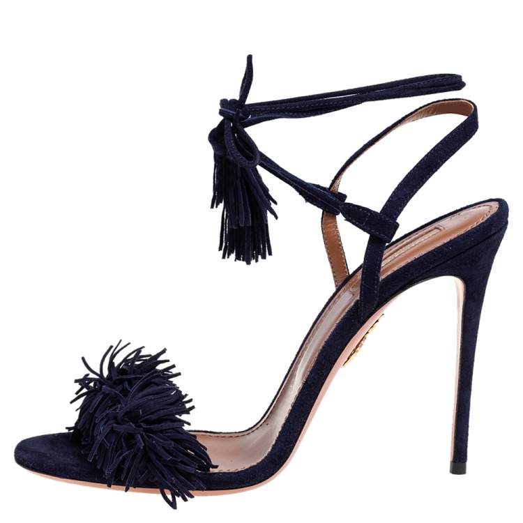 Pre Owned Aquazzura Navy Blue Suede Wild Thing Ankle Wrap Sandals Size 40