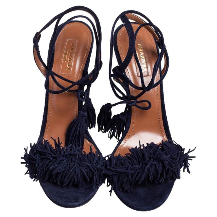 Pre Owned Aquazzura Navy Blue Suede Wild Thing Ankle Wrap Sandals Size 40