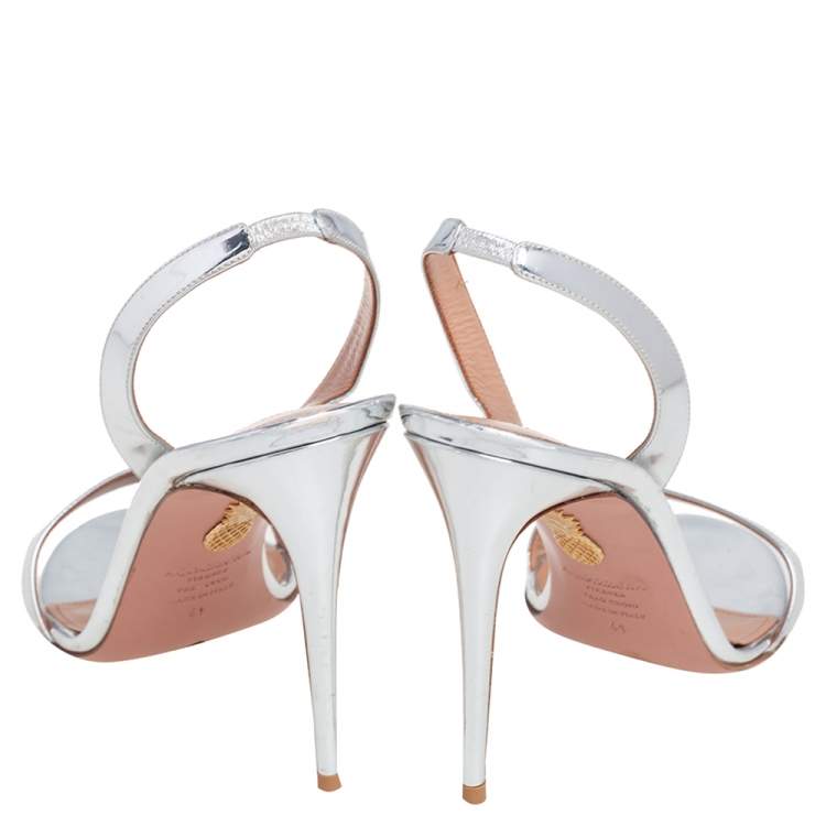 Pre Owned Aquazzura Silver Leather So Nude Slingback Sandals Size 41