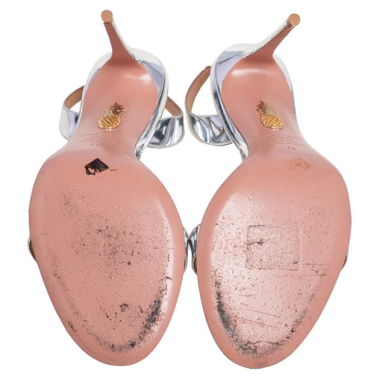 Pre Owned Aquazzura Silver Leather So Nude Slingback Sandals Size 41