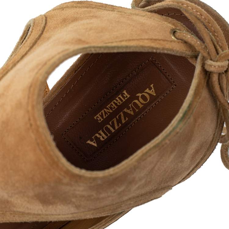 Pre Owned Aquazzura Tan Suede Sexy Thing Cut Out Ankle Tie Up Sandals Size 42