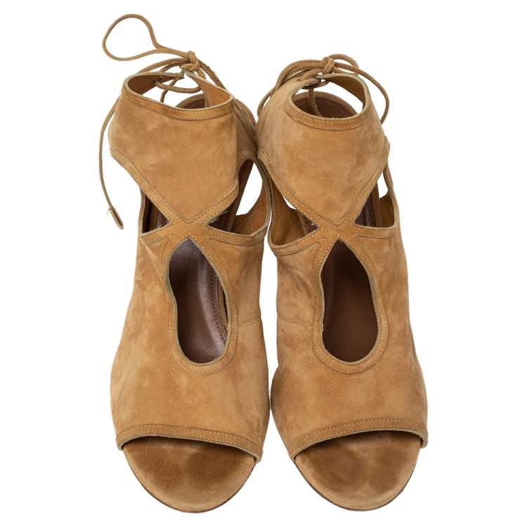 Pre Owned Aquazzura Tan Suede Sexy Thing Cut Out Ankle Tie Up Sandals Size 42