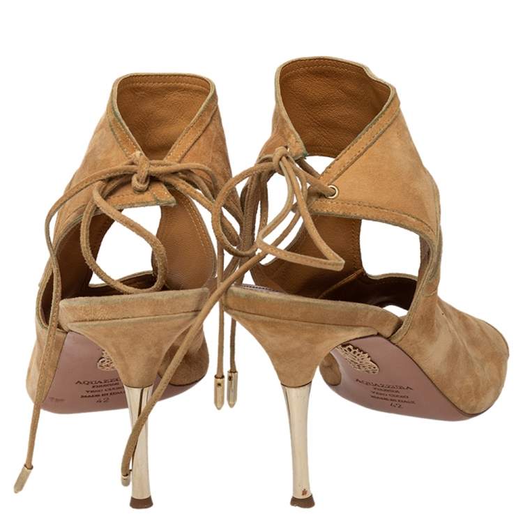 Pre Owned Aquazzura Tan Suede Sexy Thing Cut Out Ankle Tie Up Sandals Size 42