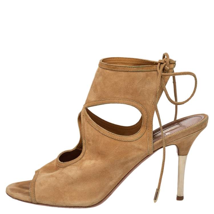 Pre Owned Aquazzura Tan Suede Sexy Thing Cut Out Ankle Tie Up Sandals Size 42
