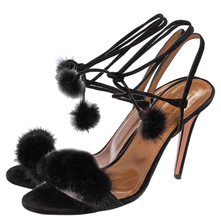 Pre Owned Aquazzura Black Fur And Suede Wild Russian Open Toe Ankle Wrap Sandals Size 39