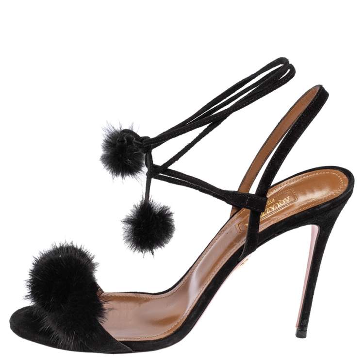 Pre Owned Aquazzura Black Fur And Suede Wild Russian Open Toe Ankle Wrap Sandals Size 39