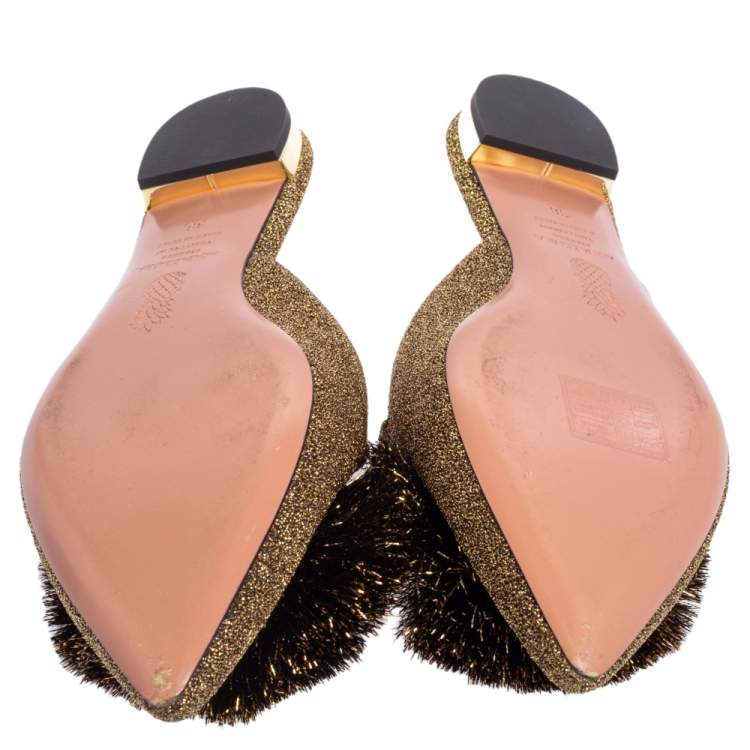 Pre Owned Aquazzura Gold Lurex Fabric Powder Puff Pom Pom Flat Slides Size 38