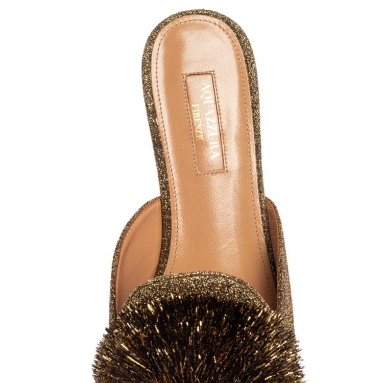 Pre Owned Aquazzura Gold Lurex Fabric Powder Puff Pom Pom Flat Slides Size 38