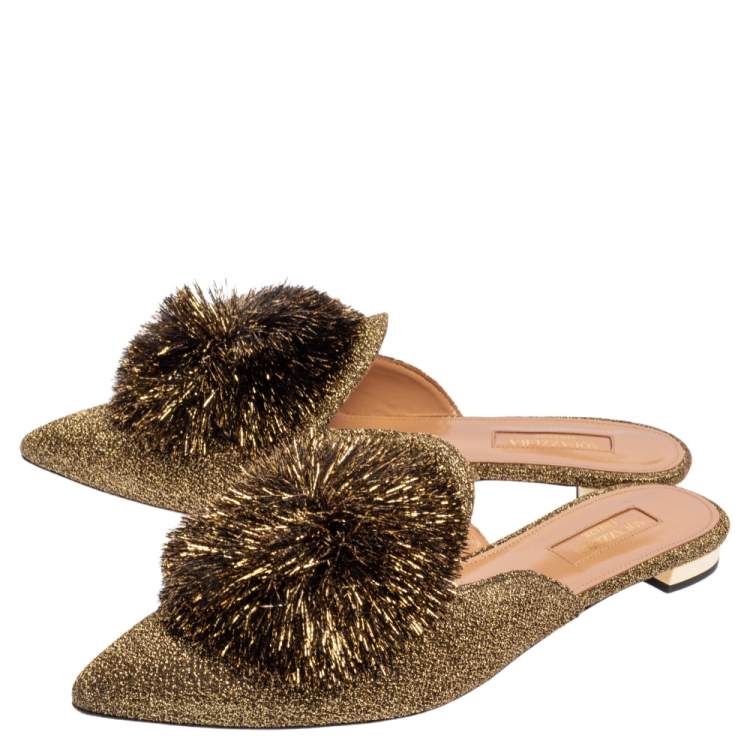 Pre Owned Aquazzura Gold Lurex Fabric Powder Puff Pom Pom Flat Slides Size 38