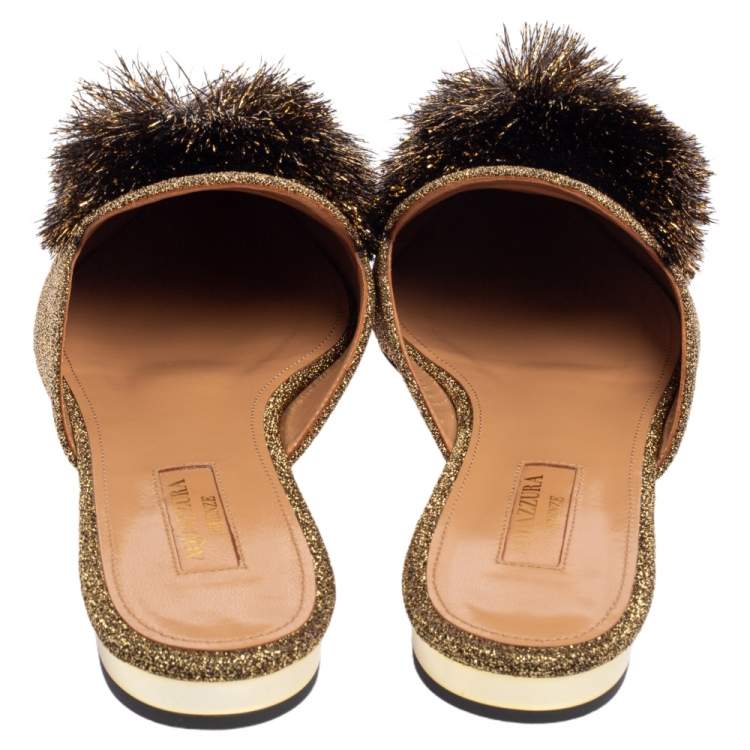Pre Owned Aquazzura Gold Lurex Fabric Powder Puff Pom Pom Flat Slides Size 38
