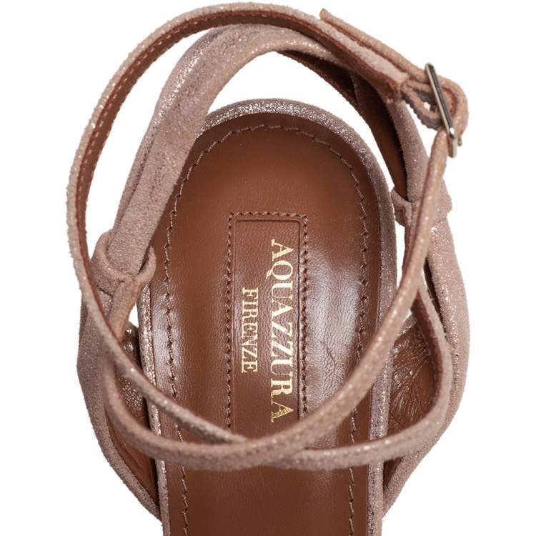 Pre Owned Aquazzura Metallic Beige Suede Ankle Strap Platform Sandals Size 38