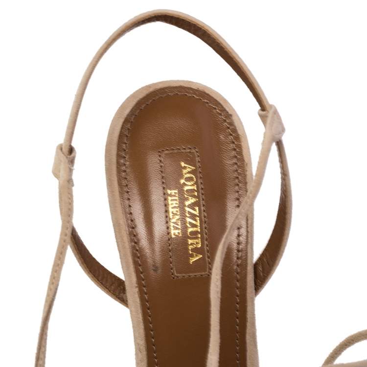 مملوكة مسبقًا Aquazzura Beige Suede Leather Wild Thing Fringe Ankle Wrap Sandals Size 39.5