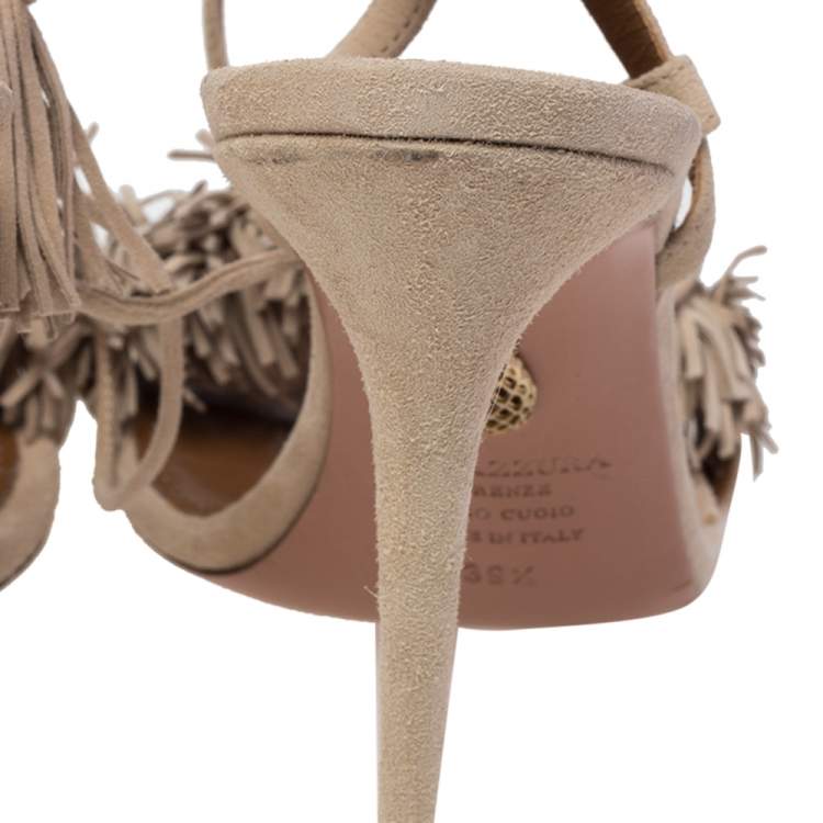 مملوكة مسبقًا Aquazzura Beige Suede Leather Wild Thing Fringe Ankle Wrap Sandals Size 39.5