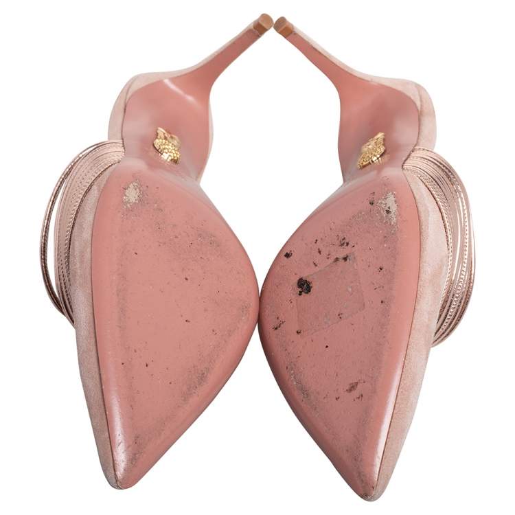Pre Owned Aquazzura Beige/Rose Gold Suede and Leather Rendez  Vous Mules Size 37.5