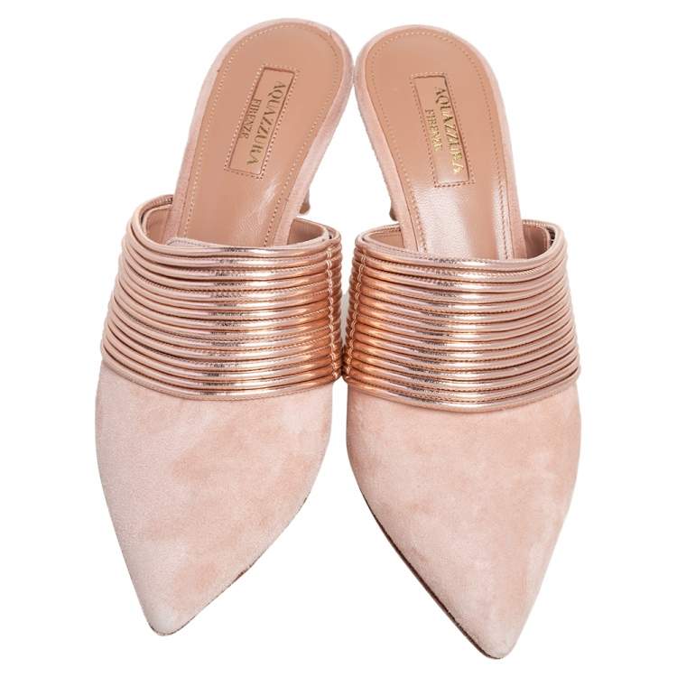 Pre Owned Aquazzura Beige/Rose Gold Suede and Leather Rendez  Vous Mules Size 37.5